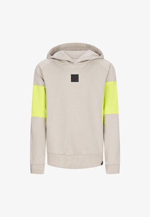 Felpa crema realizzata in misto cotone, con tasca frontale, cappuccio e maniche accentate di un vivace giallo. Presenta un piccolo logo nero del brand sul petto.