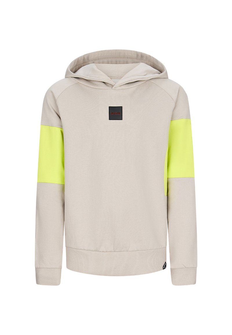 Felpa crema realizzata in misto cotone, con tasca frontale, cappuccio e maniche accentate di un vivace giallo. Presenta un piccolo logo nero del brand sul petto.