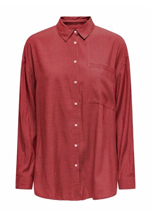 Raudonas vienspalvis marškiniai su ilgomis rankovėmis, mygtukų užsegimu priekyje, apykakle ir kairiu šoniniu kišeniu su subtiliu raštu. Lygus audinio paviršius.