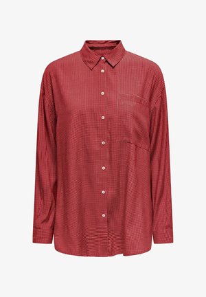 Raudonas vienspalvis marškiniai su ilgomis rankovėmis, mygtukų užsegimu priekyje, apykakle ir kairiu šoniniu kišeniu su subtiliu raštu. Lygus audinio paviršius.