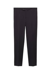 Pantaloni neri con una vestibilità dritta, caratterizzati da una vita piatta, passanti per cintura e chiusura con un singolo bottone. Realizzati in tessuto liscio.