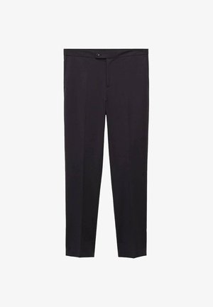 Crne hlače ravnog kroja, s ravnim prednjim dijelom, petljama za pojas i jednim dugmetom za zatvaranje. Izrađene od glatkog materijala.