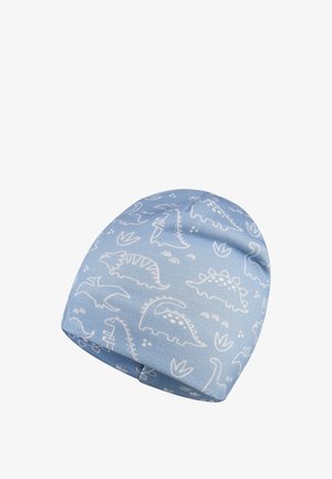 Blaues Baumwollmütze mit weißen Dinosauriermustern und Pflanzenmotiven. Weicher Stoff mit engem Sitz und rundem Kronendesign.