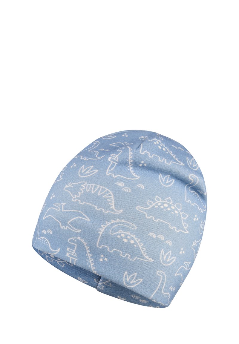 Blue cotton beanie featuring white dinosaur patterns and plant motifs. Soft texture with a snug fit and rounded crown design.