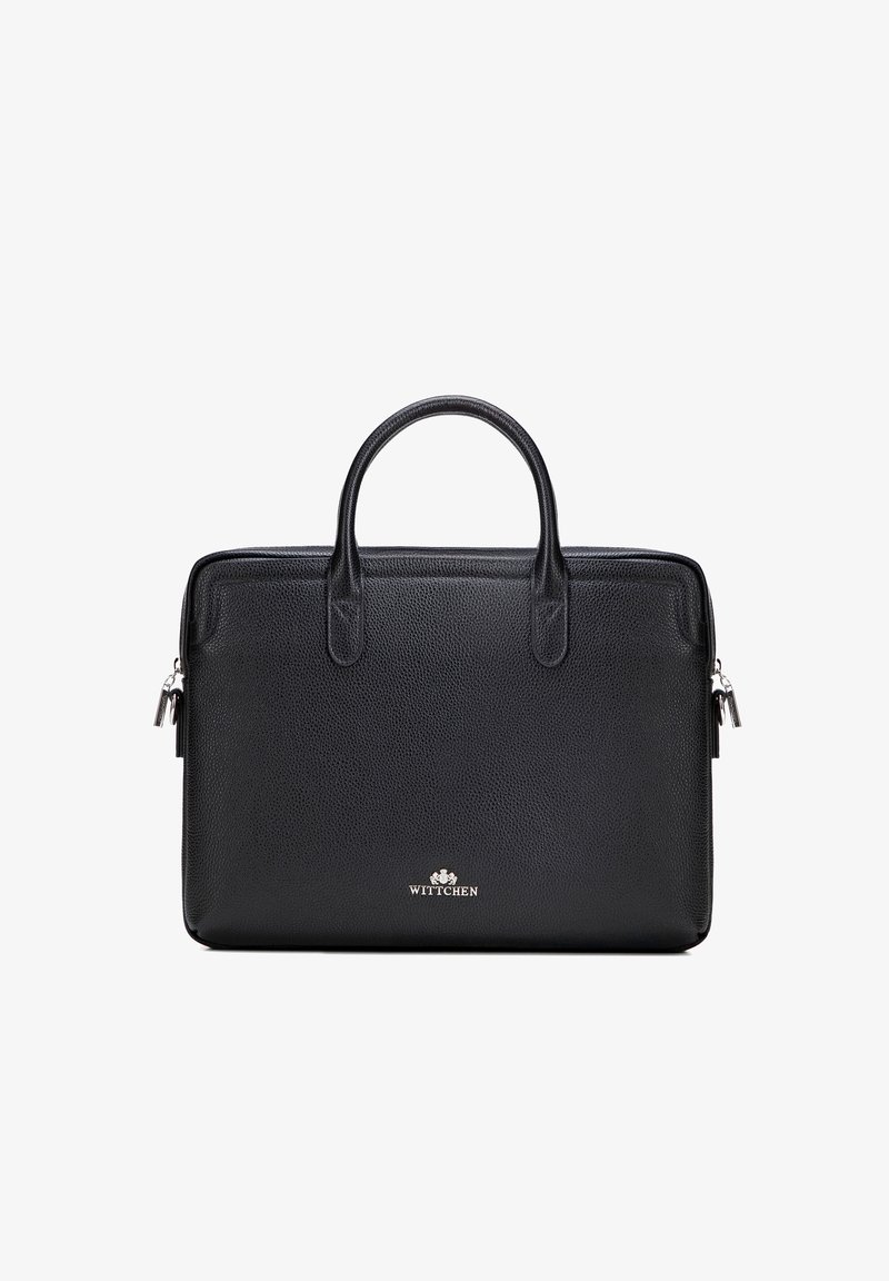 Zwarte, gestructureerde lederen aktetas met dubbele handvatten, zilverkleurige ritsen aan beide zijden en het "WITTCHEN"-logo aan de voorkant.