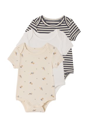 Set of three short-sleeve baby bodysuits featuring beige with teddy prints, plain white, and black-and-white horizontal stripes.