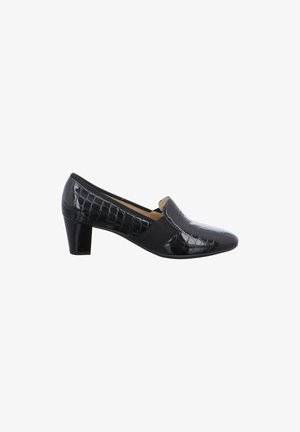 Black patent leather low-heeled pump with a croc pattern, featuring a black elastic band across the instep and rounded toe design.