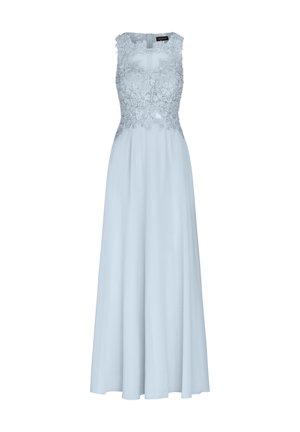 Abito maxi senza maniche in azzurro chiaro, con un intricato corpetto di pizzo floreale e una gonna fluente, realizzato in tessuto morbido e leggero.