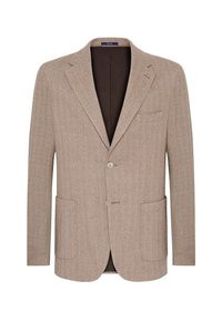 Blazer marrón en espiga hecho de una tela texturizada. Cuenta con un cierre de dos botones, solapas con muesca y dos bolsillos frontales. Interior forrado.
