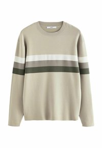 Suéter beige con cuello redondo y mangas largas. Presenta rayas horizontales en blanco, gris y verde oscuro en el pecho. Textura suave.