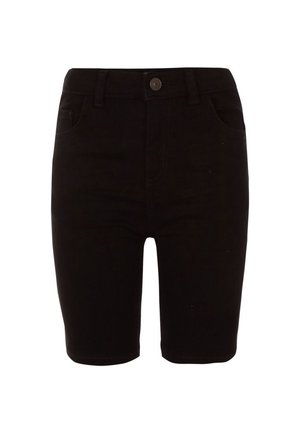 Sorte denimshorts med høj talje, forlommer, bæltestropper og knaplukning.