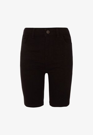 Sorte denimshorts med høj talje, forlommer, bæltestropper og knaplukning.