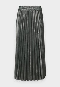 Gonna midi plissettata metallizzata in grigio scuro, con vita arricciata elasticizzata e texture liscia, progettata per una silhouette elegante.