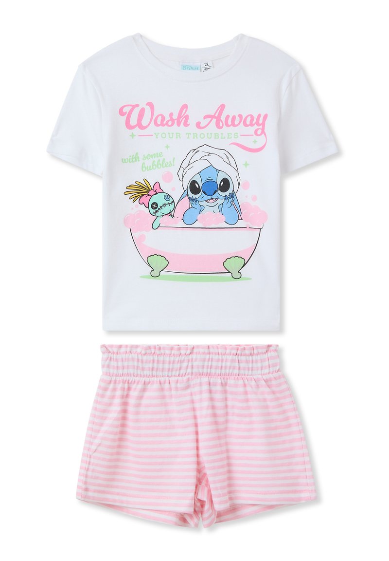 T-shirt bianco in cotone con una grafica colorata di un personaggio blu in una vasca, abbinato a pantaloni corti a righe rosa. Design morbido e casual.