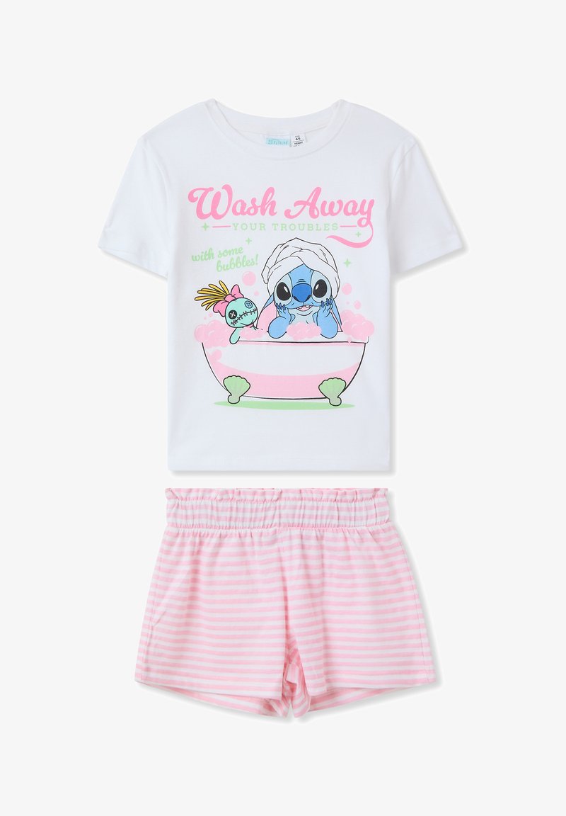 T-shirt bianco in cotone con una grafica colorata di un personaggio blu in una vasca, abbinato a pantaloni corti a righe rosa. Design morbido e casual.