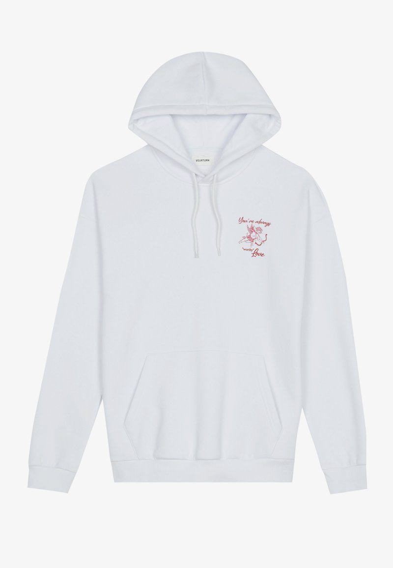 White hoodie with a drawstring hood, front pocket, and embroidered red text and floral design on the chest. Soft fabric and standard fit.