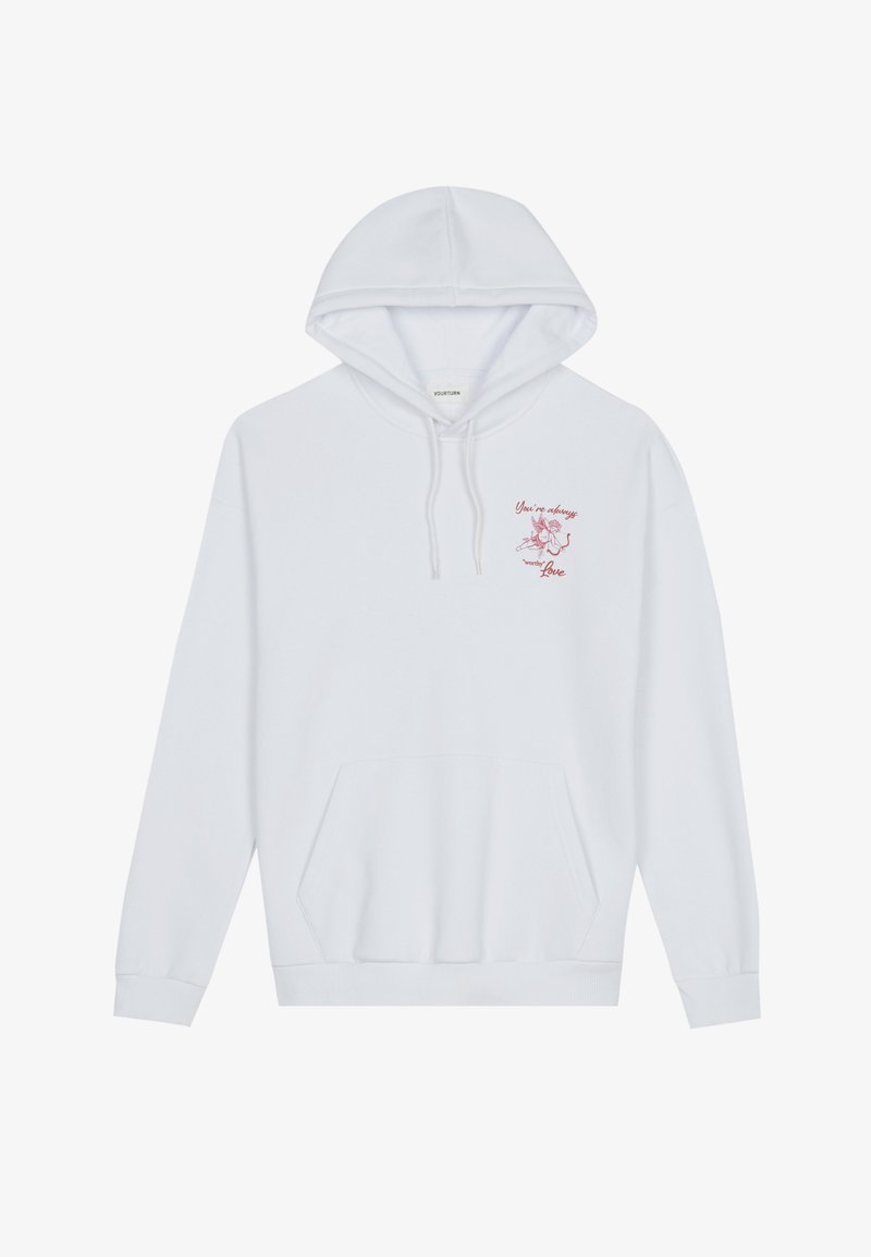 White hoodie with a drawstring hood, front pocket, and embroidered red text and floral design on the chest. Soft fabric and standard fit.