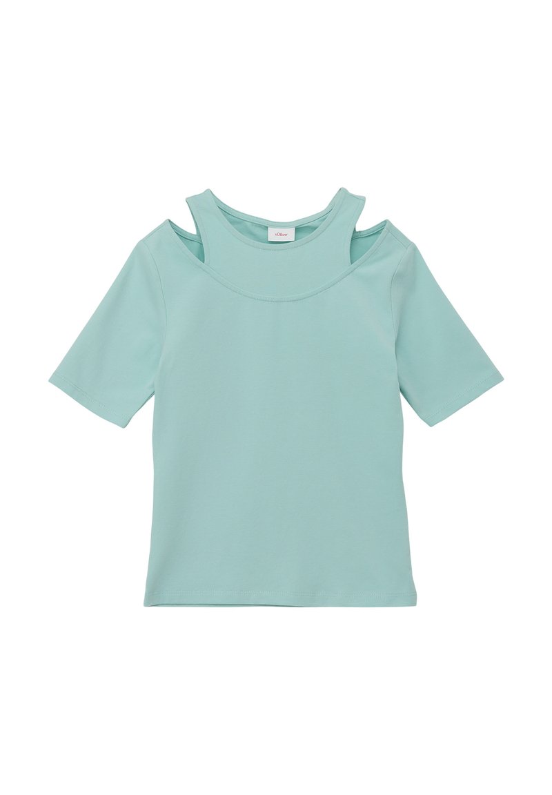 Mintgroene t-shirt met korte mouwen, een ronde halslijn en uitsneden op de schouders. Gemaakt van zachte, rekbare stof.
