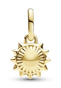 Pendente d'oro a forma di sole con raggi testurizzati, area centrale liscia e anello per il collegamento. Realizzato in metallo lucido con una finitura brillante.