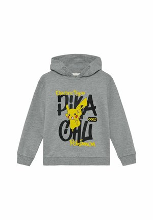 Sweatshirt à capuche gris avec un graphique de Pikachu jaune, un texte noir en gras, et une coupe décontractée. Fabriqué en tissu doux avec un col standard.