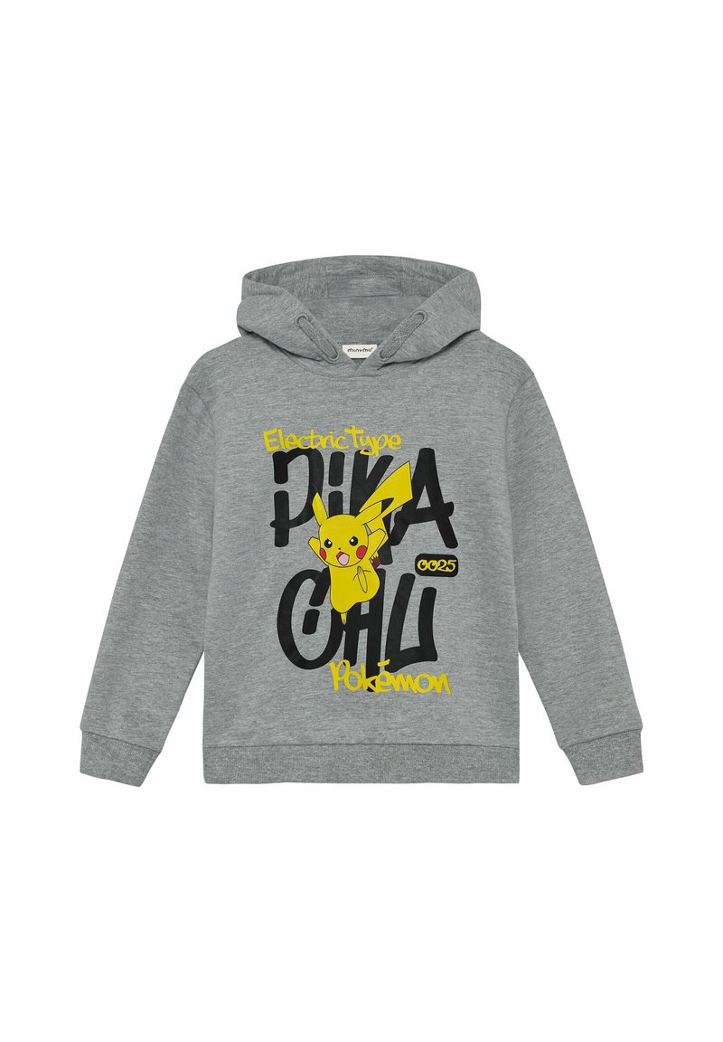 Felpa grigia con cappuccio caratterizzata da una grafica di Pikachu gialla, testo nero in grassetto e vestibilità casual. Realizzata in tessuto morbido con scollatura standard.