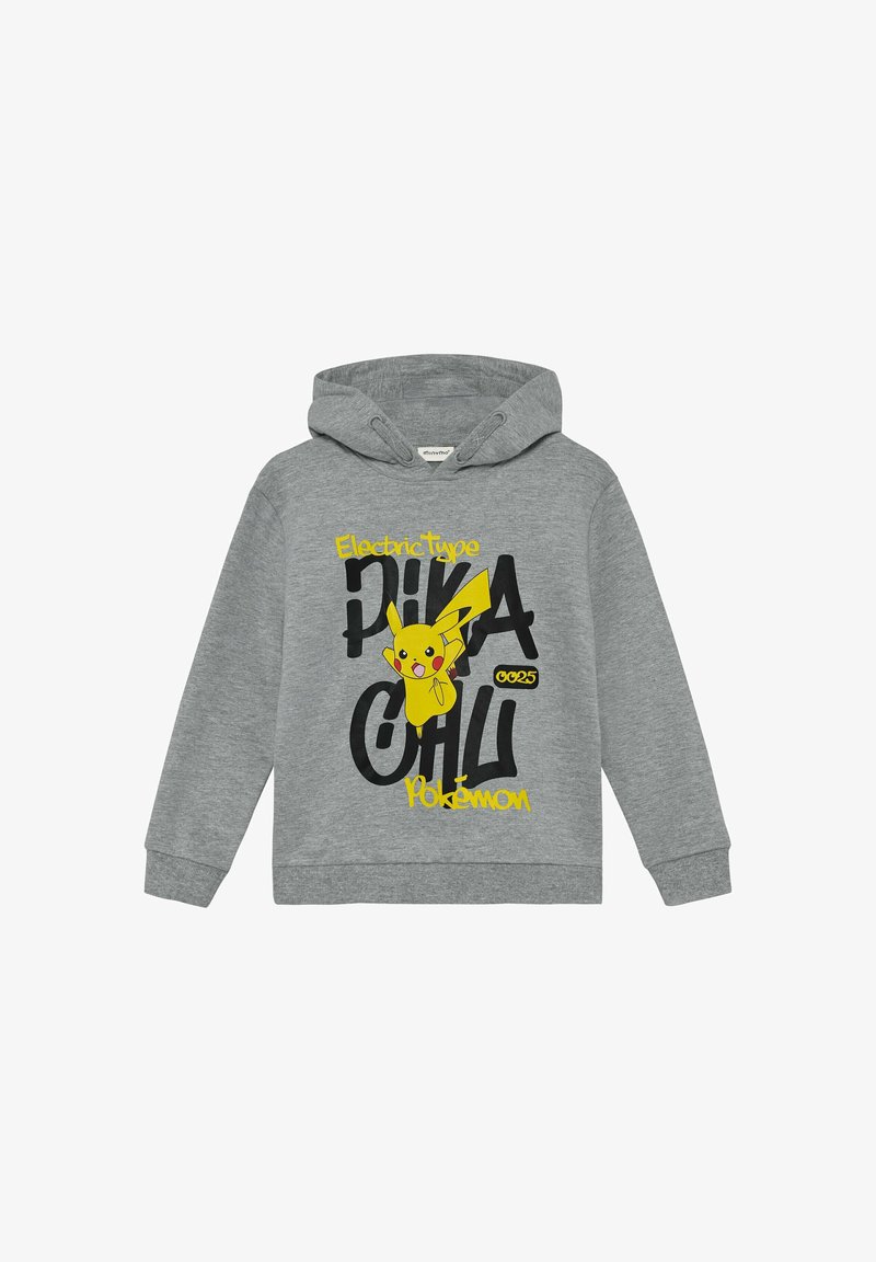 Felpa grigia con cappuccio caratterizzata da una grafica di Pikachu gialla, testo nero in grassetto e vestibilità casual. Realizzata in tessuto morbido con scollatura standard.
