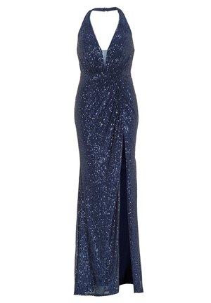 Navy-blaues, mit Pailletten besetztes Kleid mit Halterneck, tiefem V-Ausschnitt, Rüschendetails und einem seitlichen Schlitz, der eine figurbetonte Silhouette schafft.