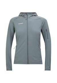 Veste à capuche zippée gris Mammut avec manches longues, deux poches zippées à l'avant et une poche zippée sur le bras gauche supérieur.