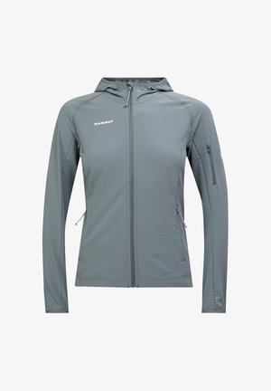 Grijze Mammut capuchonjas met ritssluiting, lange mouwen, twee voorzakken met ritssluiting en een ritssluitingzak op de linker bovenarm.