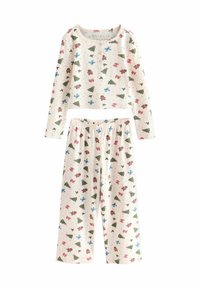 Langarm-Pyjama-Set mit cremiger Grundlage, das mehrfarbige festliche Muster von Bäumen, Blumen und Lebkuchenfiguren zeigt. Weicher Stoff.