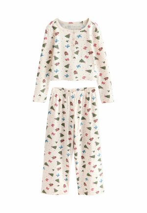 Langarm-Pyjama-Set mit cremiger Grundlage, das mehrfarbige festliche Muster von Bäumen, Blumen und Lebkuchenfiguren zeigt. Weicher Stoff.