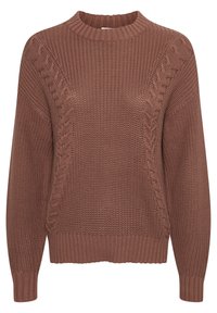 Brązowy sweter dzianinowy z wysokim dekoltem, teksturowymi detalami na ramionach oraz ściągaczami w mankietach i u dołu. Miękka, gruba dzianina.