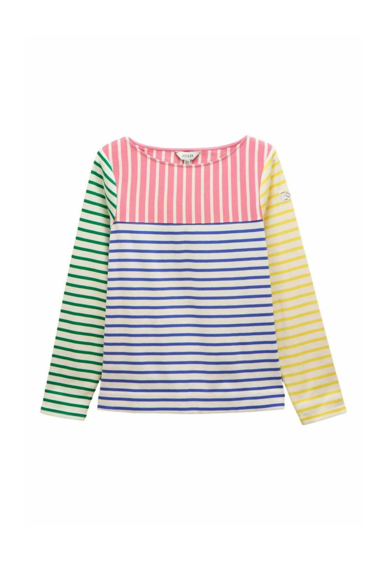 Piklike, rohelised, sinised ja kollased triibudega pikad varrukad T-särk. Pehme kangas, ümara kaelusega ja sirge alläär.