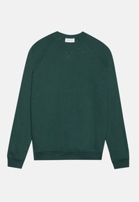 Hanorac verde cu mâneci lungi tip raglan, guler și mansete ribbate, cu un finisaj texturat. Are un eticheta la guler.