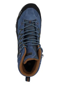 Blue suede hiking boot with black rubber toe cap, gray mesh lining, brown inner collar, and gray laces. Features metal D-ring eyelets.