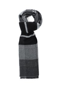 Woven scarf in shades of black and grey. Features a checkered pattern with fringed ends. Soft texture and rectangular shape for draping.
