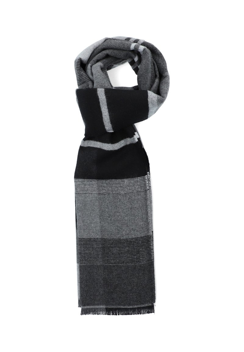 Woven scarf in shades of black and grey. Features a checkered pattern with fringed ends. Soft texture and rectangular shape for draping.