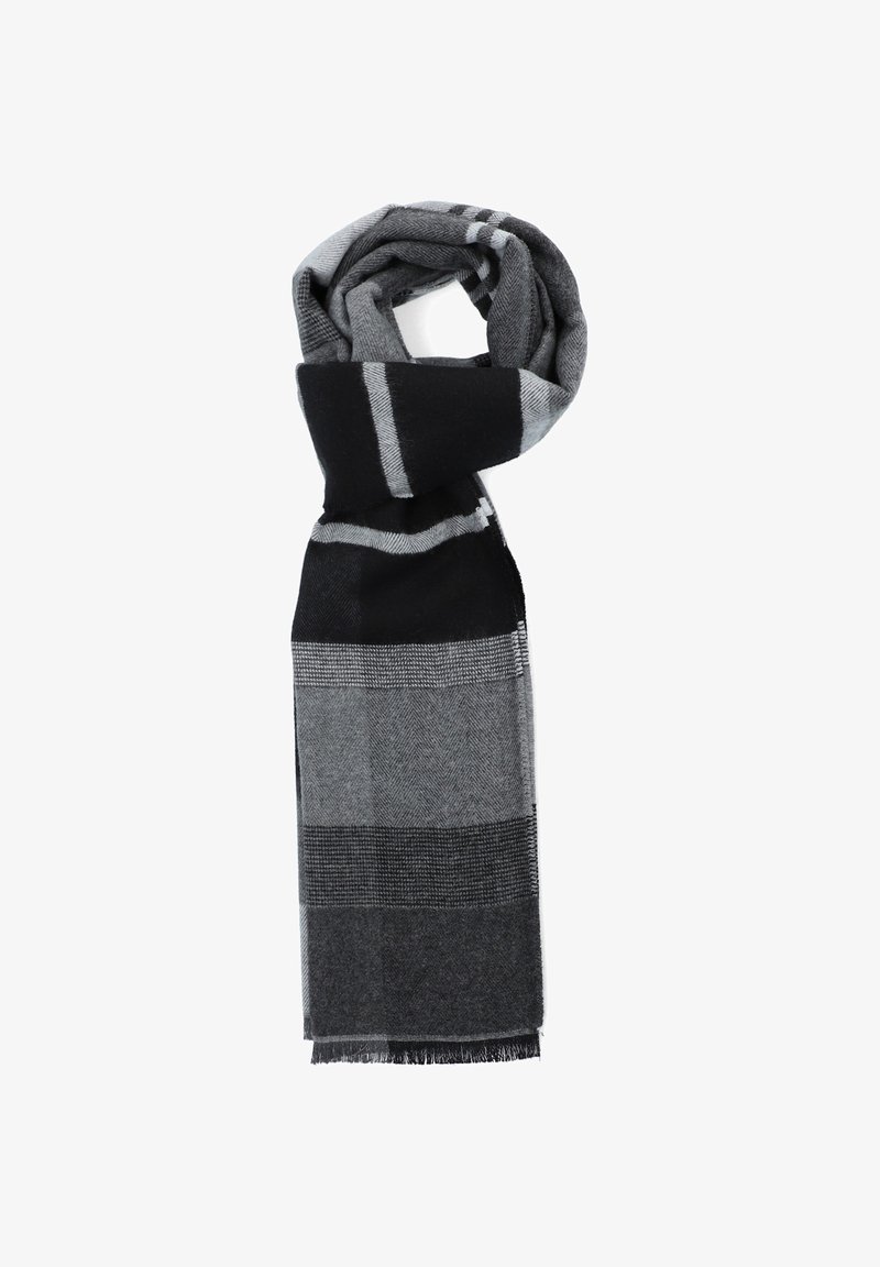 Woven scarf in shades of black and grey. Features a checkered pattern with fringed ends. Soft texture and rectangular shape for draping.