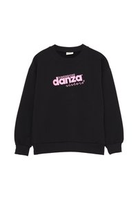 Felpa nera in cotone. Presenta un collo rotondo, polsini a coste e un logo stampato rosa "DIMENSIONE danza sisters" sul davanti.