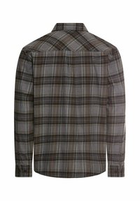 Grijze geruite flanellen overhemd met een button-down kraag, lange mouwen en contrasterende donkerblauwe en lichtblauwe strepen in een geruit patroon.