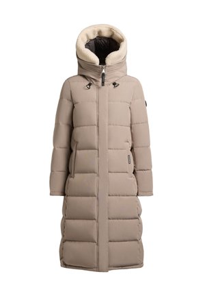 Manteau matelassé beige avec une capuche haute en fausse fourrure, fermeture éclair à l'avant et poches latérales. Design matelassé avec une coupe mi-longue.