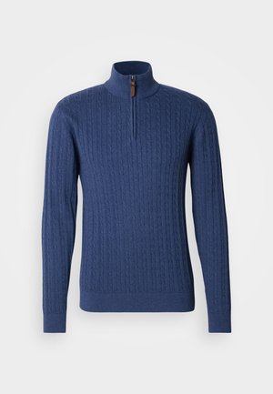 Pulover tricotat albastru marin cu fermoar de un sfert, având un model texturat cu cabluri și manșete și tivuri drepte. Material moale și elastic.