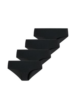 Cztery czarne bezszwowe majtki w stylu bikini ułożone na przekątną na białym tle.