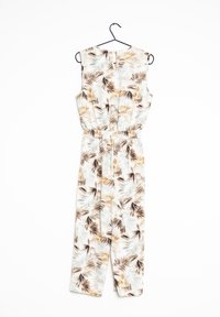 Ärmlös jumpsuit med mönster av palmblad i grönt, brunt och beige, med elastisk midja och knappstängning bak.