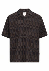 Short-sleeve button-up shirt with a dark brown and black grid pattern featuring vertical leafy designs.