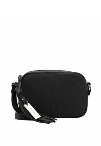 Borsa a tracolla nera realizzata in materiale perforato; forma rettangolare con chiusura a zip, tracolla regolabile e dettaglio con nappe.