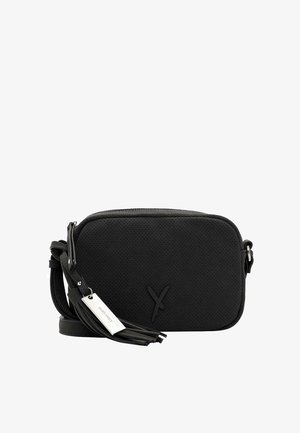 Black crossbody bag made of perforated material; rectangular shape with a zipper closure, adjustable strap, and tassel accent.