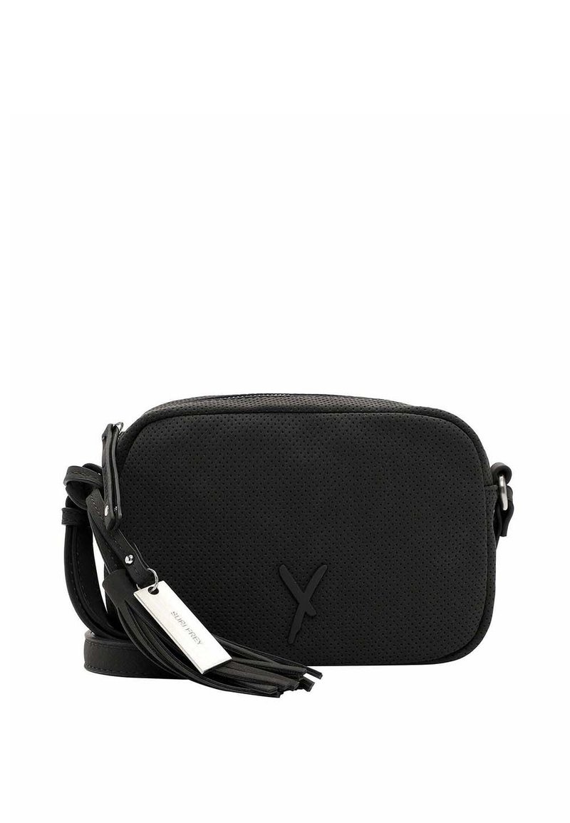 Borsa a tracolla nera realizzata in materiale perforato; forma rettangolare con chiusura a zip, tracolla regolabile e dettaglio con nappe.