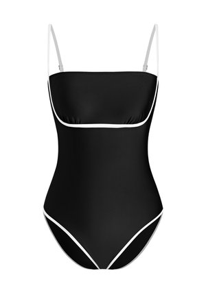 Czarny jednoczęściowy strój kąpielowy z cienkimi białymi ramiączkami i białą lamówką wzdłuż gorsetu i nóg. Gładka faktura i dopasowany krój.