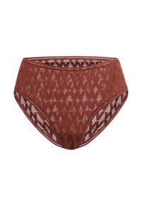 Högmidjade, rostfärgade spetsunderkläder med ett geometriskt mönster och en genomskinlig textur, med förstärkta kanter för hållbarhet.